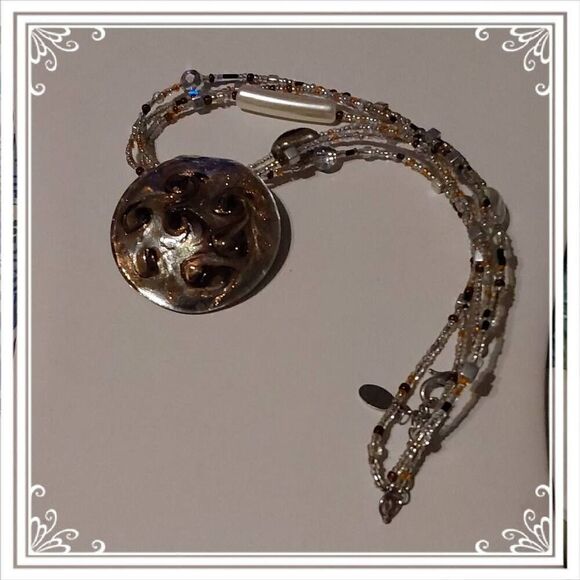 Chocolate Swirl Italian Murano Glass & Crystal~Seed Beads Pendant & Necklace - Picture 2 of 3